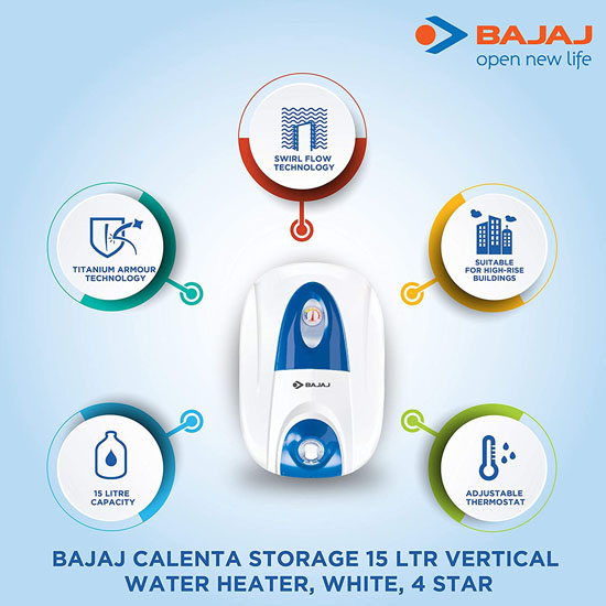 Bajaj Calenta Storage 15 L 5 Star Vertical Water Heater, White Blue 