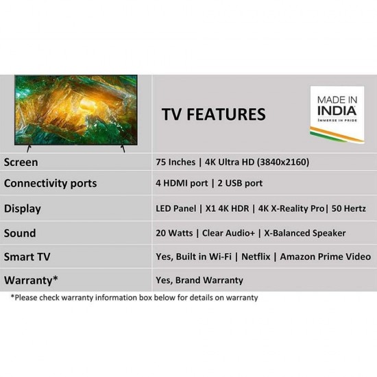 Sony Bravia 189.3 cm (75 inch) 4K Ultra HD Certified Android Smart TV 75X8000H, 2020 Model , Black