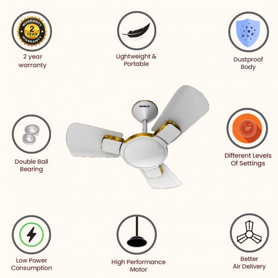 Havells Enticer 600mm Ultra High Speed 3 Blade Decorative Dust Resistant Ceiling Fan Pearl White Gold