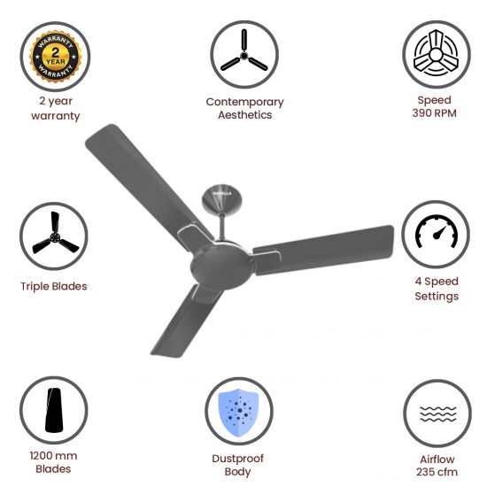 Havells Enticer 1200 mm 3 Blades Ceiling Fan, Metallic Black Chrome Havells Enticer 1200 mm 3 Blades Ceiling Fan, Metallic Black Chrome