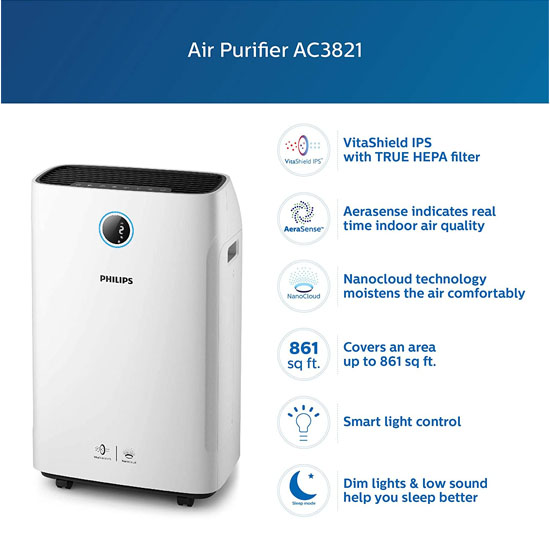 Philips AC3821/20 Humidifier Portable Room Air Purifier, White