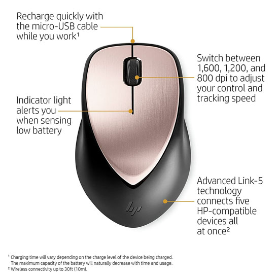 HP 500RG Envy Rechargeable Wireless Mouse With USB 2.0, Rose Gold Black