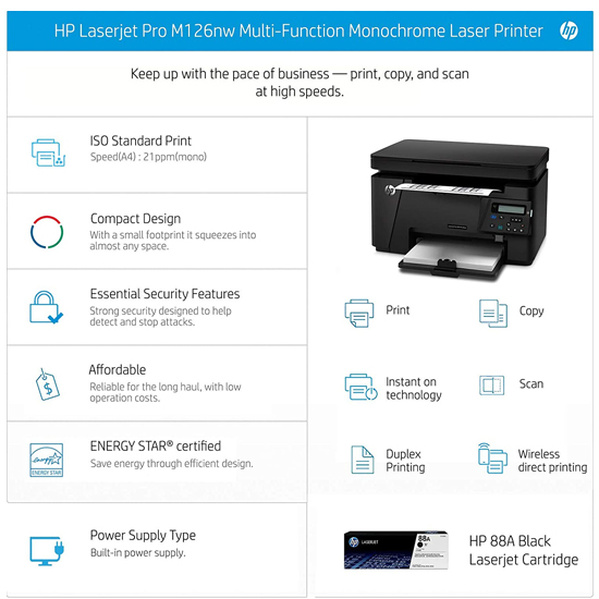HP LaserJet Pro MFP M126nw Multi-function Wireless Monochrome Printer