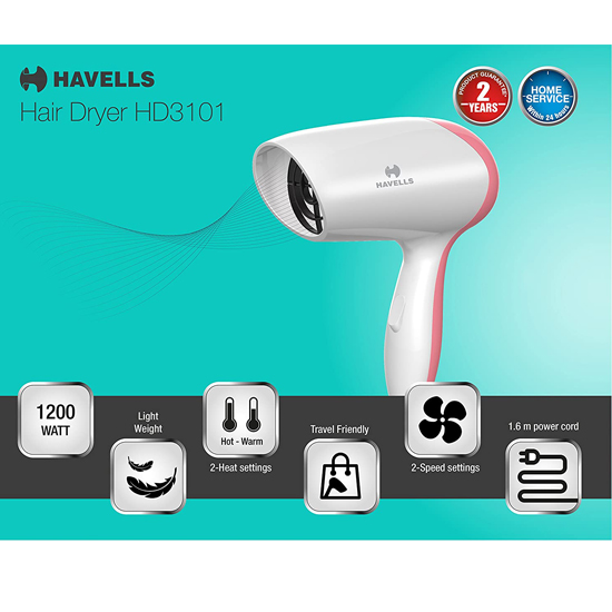 Havells HD3101 Compact Two Heat Mode Hair Dryer (1200W)-Pink White