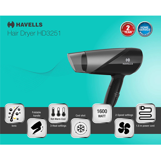 Havells HD3251 Foldable 1600 W Hair Dryer, Black