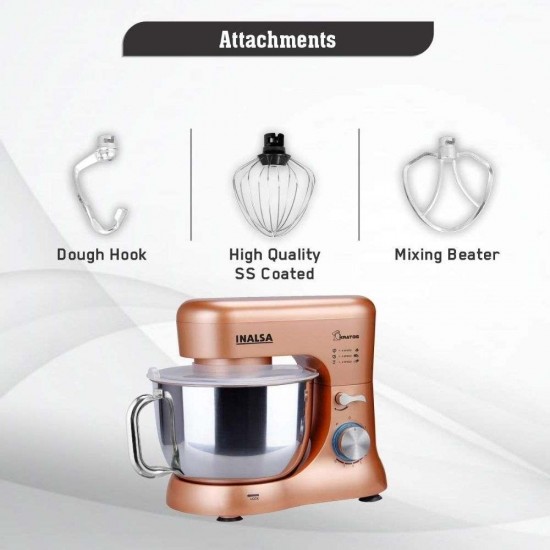 Inalsa Kratos 1000W Stand Mixer with 5L SS Bowl| Whisking Cone, Mixing Beater & Dough Hook, Champagne 