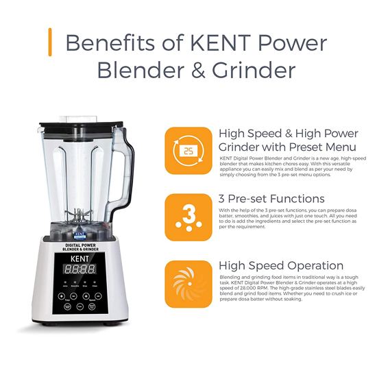Kent 16027 Digital Power 1 Jar 2500W Juicer Mixer Grinder, White