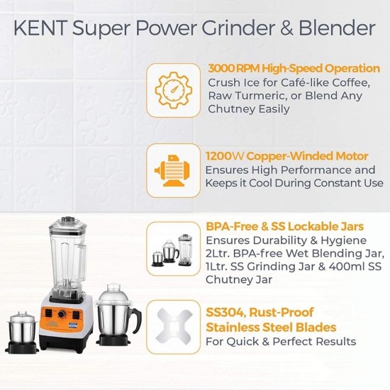 Kent 16083 Super Power Grinder & Blender 1200 Juicer Mixer Grinder 3 Jars Steel, Black