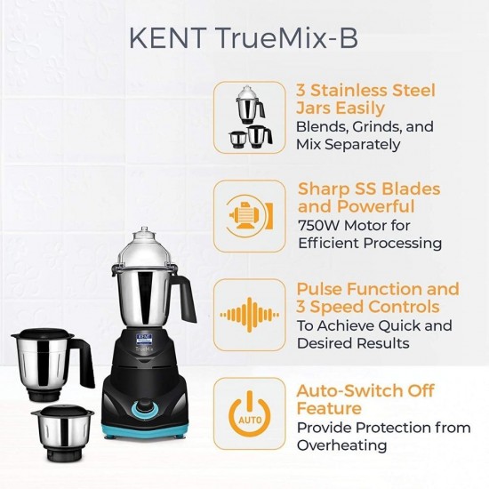 Kent TrueMix-B 750W Mixer Grinder 3 jars, Black Blue