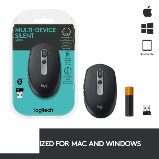 Logitech M590 Multi Device Silent Wireless Optical Mouse With Bluetooth, Graphite Tonal