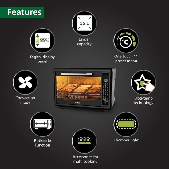 Philips HD6977/00 55L Digital Oven Toaster Grill – 2000W, Opti Temp Technology, 11 Preset Menus, Convection Mode, Chamber Light, Black