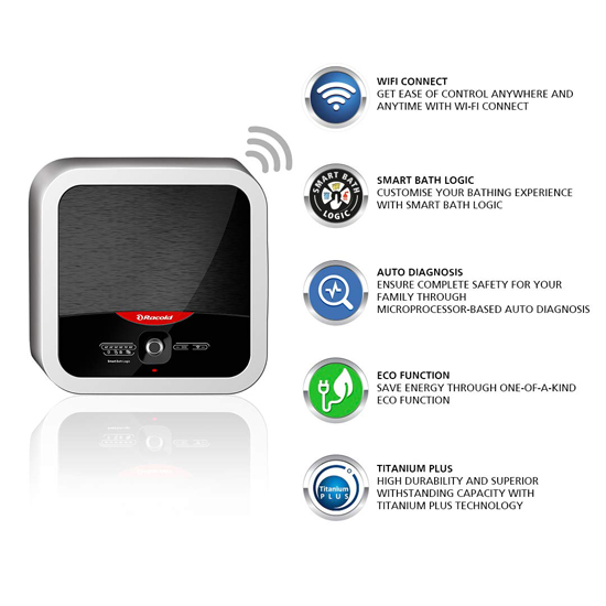 Racold Omnis 25L Electric Water Geyser WiFi 2KW, White Black Racold Omnis 25L Electric Water Geyser WiFi 2KW, White Black