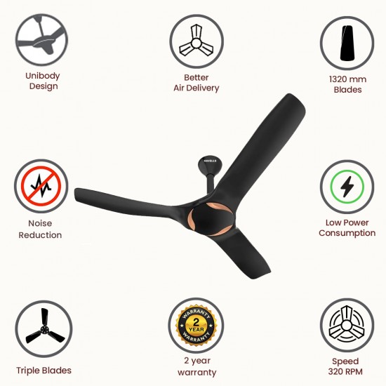 Havells Stealth Cruise 1320 mm 3 Blade Ceiling Fan, Black