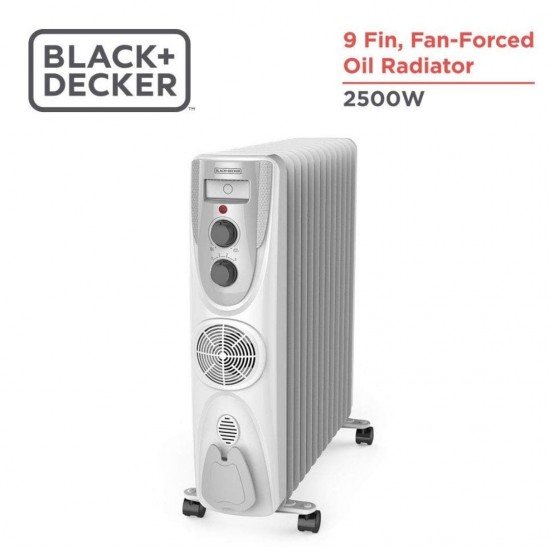 Black+Decker OFR 9 fin 2500W Forced Oil Filled Radiator Room Heater, White