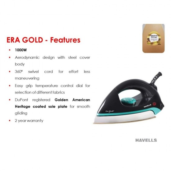 Havells Era Teal Gold 100-W Dry Iron, Green Black