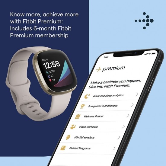 Fitbit Sense Advanced Health With 6+ Day Battery Life Smartwatch, Lunar White/Soft Gold
