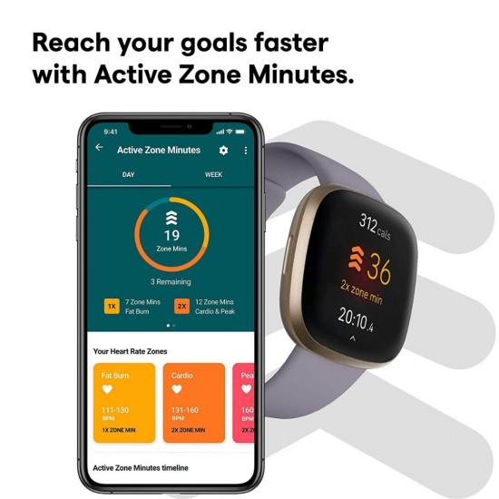 Fitbit Versa 3 Health & Fitness 4.01 cm Amoled, Alexa Built-in, 6+ Days Battery, Fast Charging, Thistle/Gold