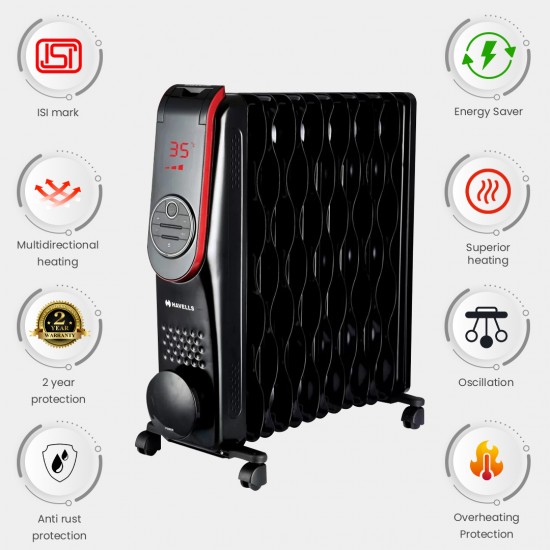 Havells Digital Wave OFR 13 Fin 2500W With Remote Room Heater, Black
