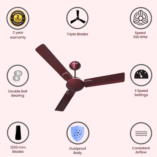 Havells Enticer 1200 mm (Rpm 350) 3 Blade High Speed Ceiling Fan, Maroon Chrome