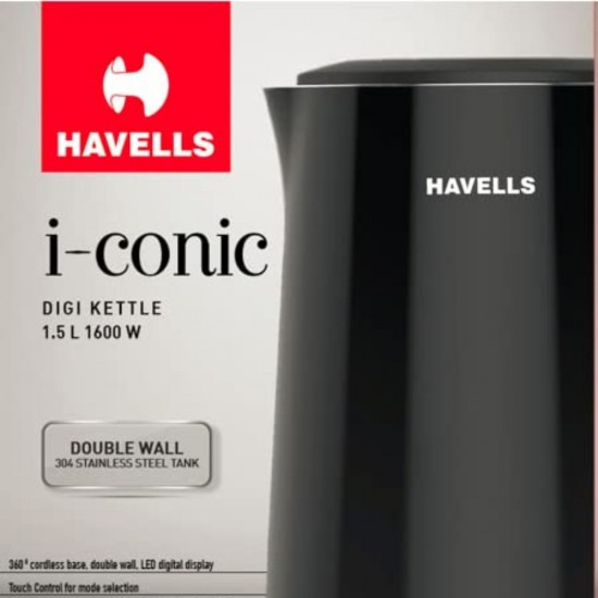 Havells I-Conic 1.5 Litre 1600W Digi Kettle With Stainless Steel Tank, Black 
