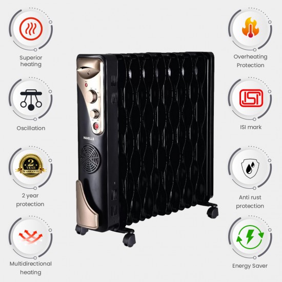 Havells Wave OFR 15 Fin 2900W Oil Filled Room Heater With Fan, Black