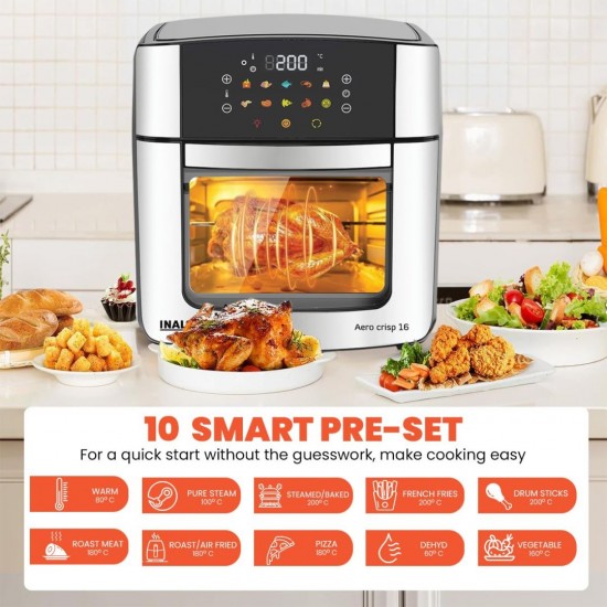 INALSA Aero Crisp 16L Air Fryer Oven – 12-in-1 Multifunction, 1800W Power, Stainless Steel Body, Rotisserie, Convection, silver/ Black