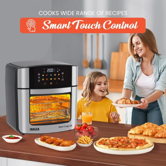 INALSA Aero Crisp 16L Air Fryer Oven – 12-in-1 Multifunction, 1800W Power, Stainless Steel Body, Rotisserie, Convection, silver/ Black