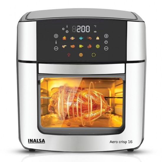 INALSA Aero Crisp 16L Air Fryer Oven – 12-in-1 Multifunction, 1800W Power, Stainless Steel Body, Rotisserie, Convection, silver/ Black