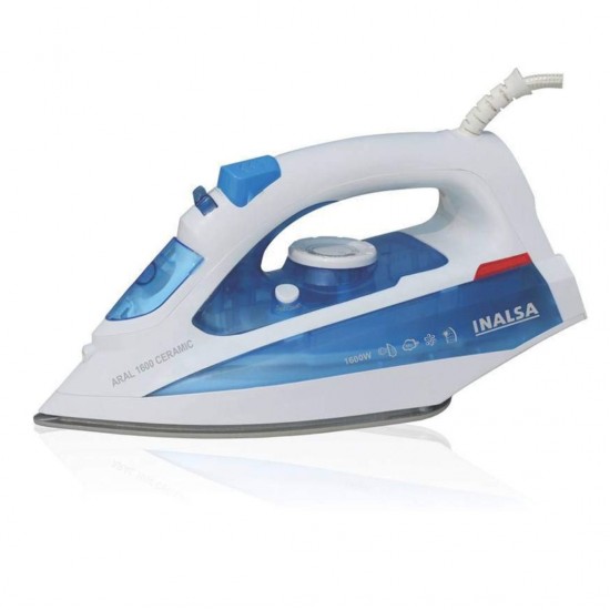 Inalsa Aral 1600-Watt Steam Iron with Ceramic Coated Sole Plate and Self Cleaning, White/Blue