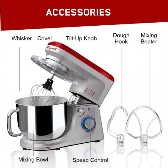 Inalsa Professional Esperto 1400W With Copper Motor Stand Mixer Grinder, Silver/Red