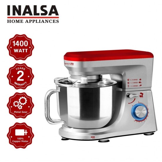Inalsa Professional Esperto 1400W With Copper Motor Stand Mixer Grinder, Silver/Red