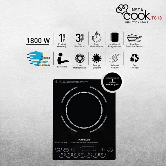 Havells Insta Cook TC18 1800W Ceramic Plate Induction Cooktop, Black