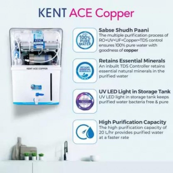 Kent Ace Copper 8L RO+UV+UF+TDS Control+UV+Copper Water Purifier, White