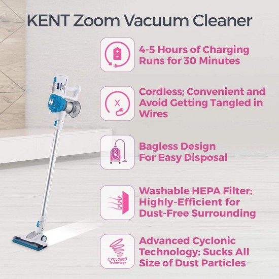 Kent Zoom Handheld Vacuum Cleaner with Hose Less And Cordless Design, Blue 