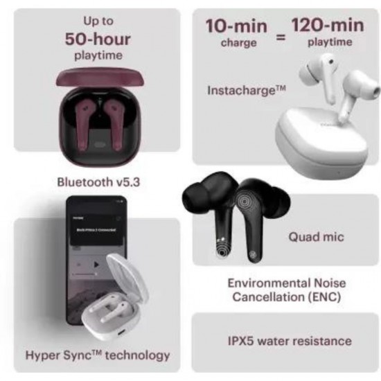Noise Buds Prima 2 Earbuds with 50 hrs of playtime and Quad Mic Bluetooth Headset, White