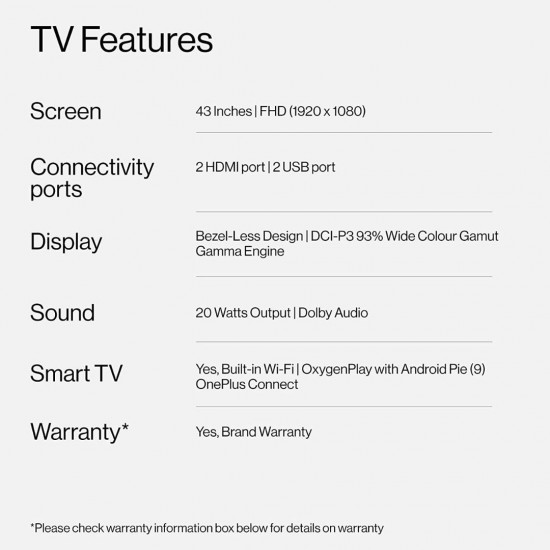 OnePlus Y1  43 inches (108 cm) Full HD Flat Panel Android Smart TV Gamma Engine Processor with Dolby Audio, OxygenPlay, Black