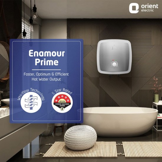 Orient Electric Enamour Prime 15L Glassline Storage Water Heater Geyser, 5-layer safety shield, White