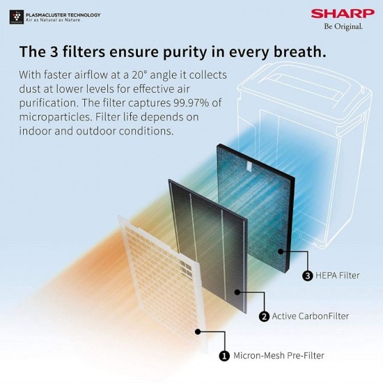 Sharp FP-J60M-W for Homes and Offices Dual Purification True HEPA H14, Carbon, Pre-Filter, White