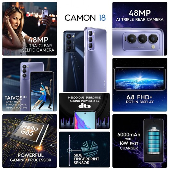 Tecno Camon 18 128GB ROM, 4GB RAM, Iris Purple Tecno Camon 18 128GB ROM, 4GB RAM, Iris Purple