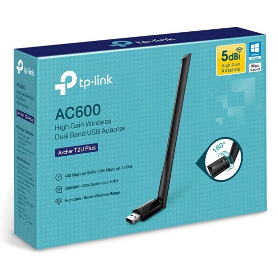 TP-Link Archer T2U Plus AC600 600 Mbps High Gain Wireless Dual Band USB Adapter, Black