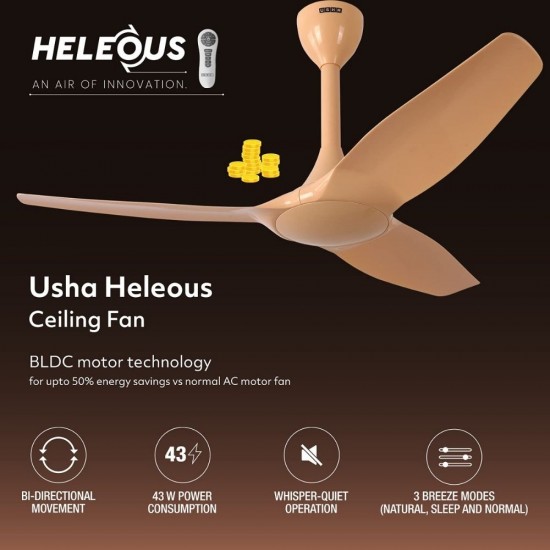 Usha Heleous 1220mm BLDC Motor With Remote ABS 3 Blade Ceiling Fan, Golden Yellow