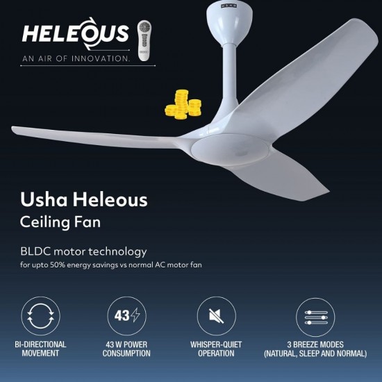 Usha Heleous 1220mm BLDC Motor With Remote ABS 3 Blade Ceiling Fan, Horizon Blue