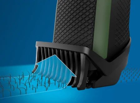 Lift & Trim comb guides hairs to the blades for an even trim